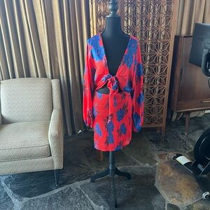 Free People Vibrant Red Dress with Blue Floral Design
